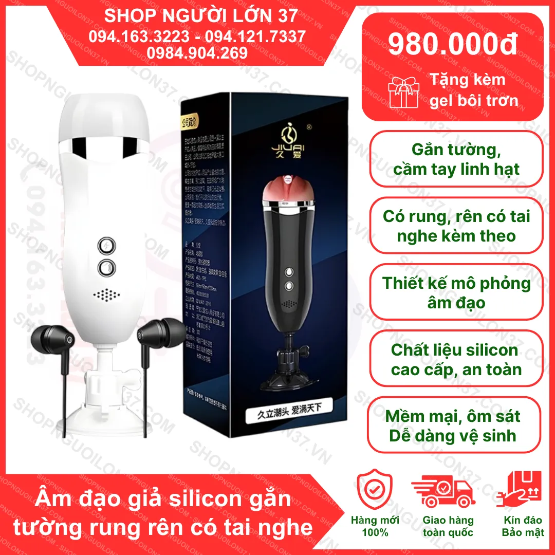 Âm đạo giả silicon gắn tường rung rên có tai nghe (trắng)