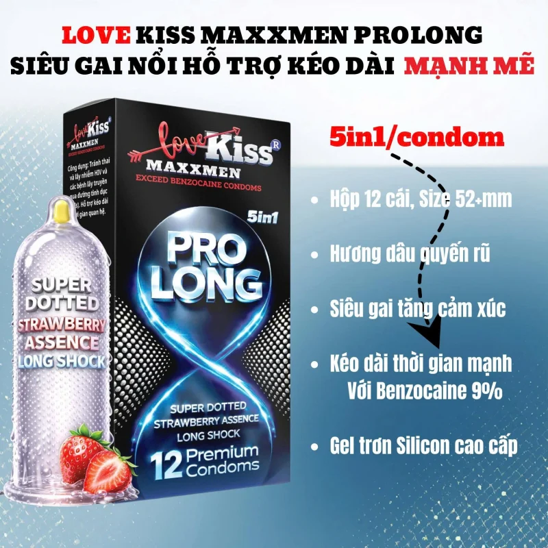 Bao cao su cao cấp Maxxmen 5in1 Prolong Hộp 12 cái hương dâu