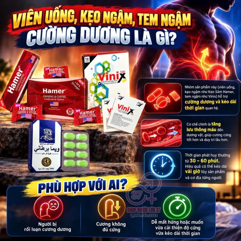 Viên uống, kẹo ngậm, tem ngậm cường dương